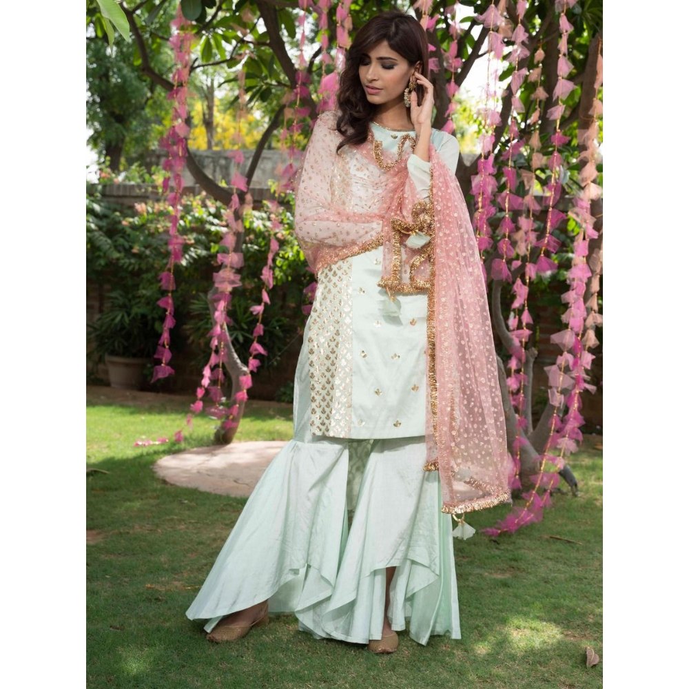 Rishi & Vibhuti Green Centre Embellished Chanderi Kurta & Sharara With Dupatta (Set of 3)