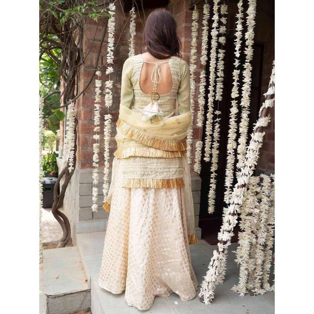 Rishi & Vibhuti Green Embroidered Kurta With Skirt & Dupatta (Set of 3)