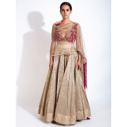 Rishi & Vibhuti Gold Stitched Blouse With Dupatta & Lehenga (Set Of 3)