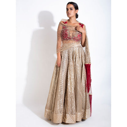 Rishi & Vibhuti Gold Stitched Blouse With Dupatta & Lehenga (Set Of 3)