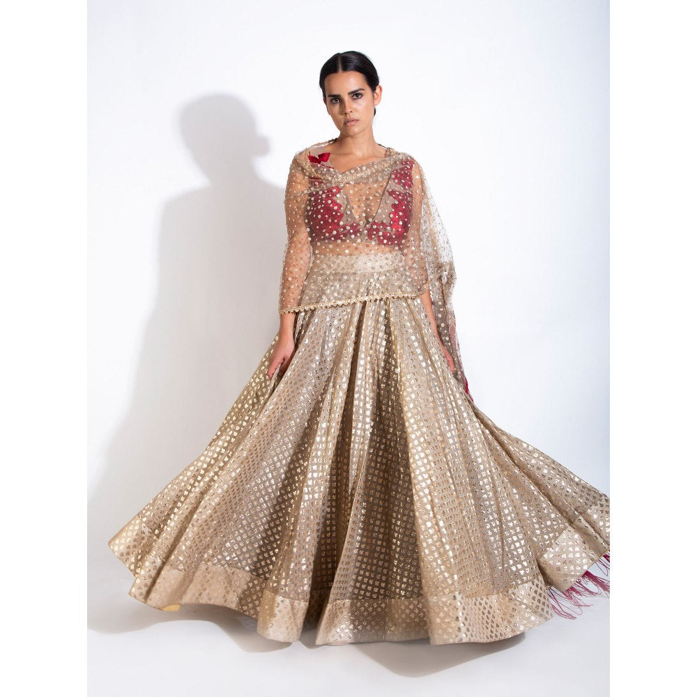 Rishi & Vibhuti Gold Stitched Blouse With Dupatta & Lehenga (Set Of 3)