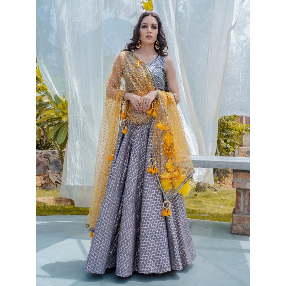 Rishi & Vibhuti Grey Chanderi Stitched Blouse With Dupatta Lehenga (Set of 3)