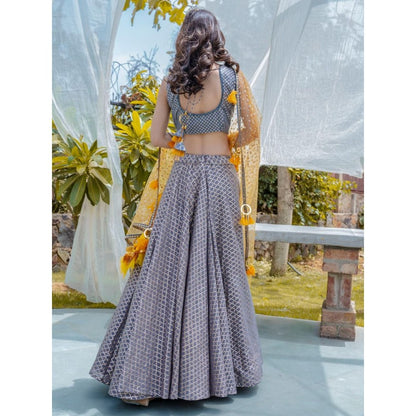 Rishi & Vibhuti Grey Chanderi Stitched Blouse With Dupatta Lehenga (Set of 3)