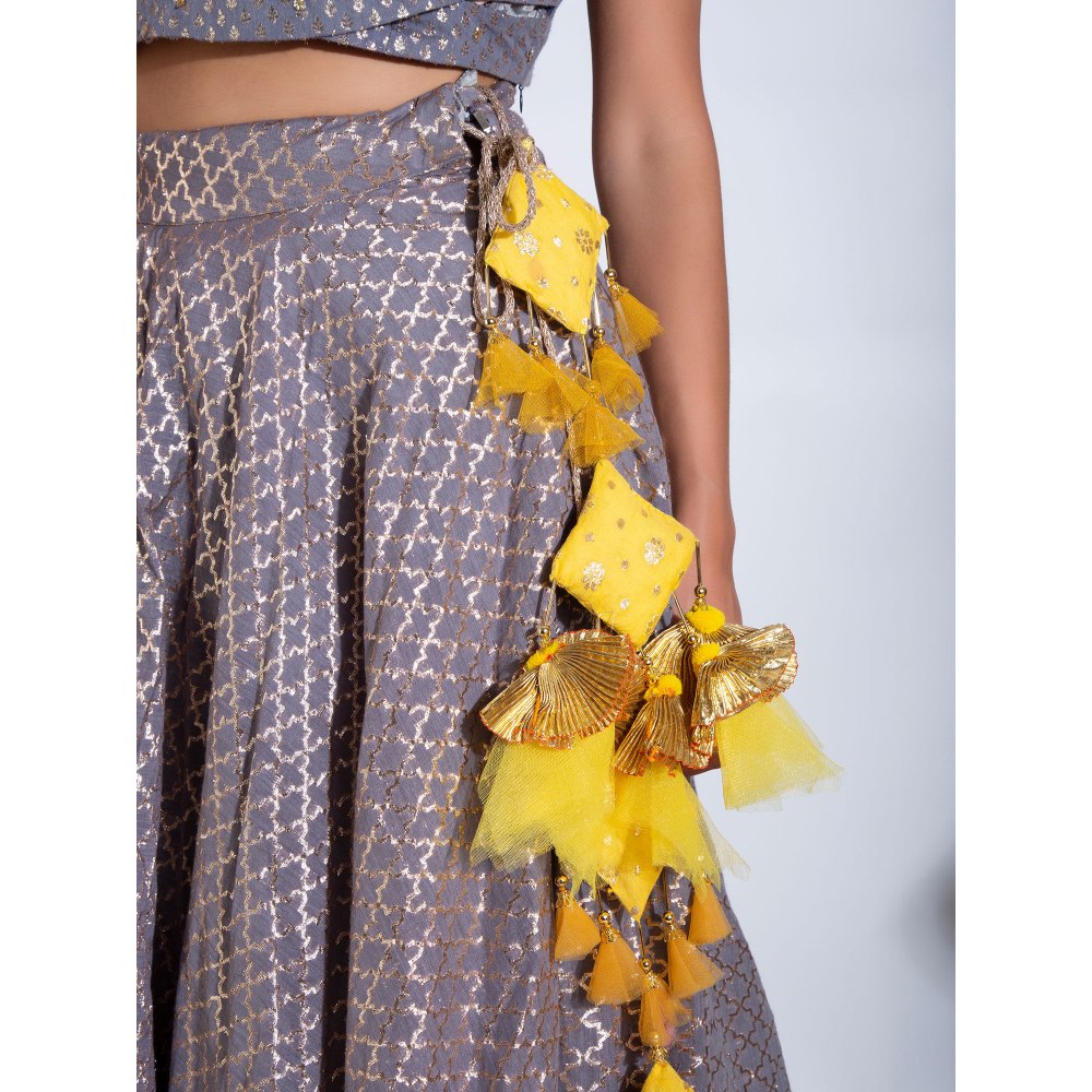 Rishi & Vibhuti Grey Chanderi Stitched Blouse With Dupatta Lehenga (Set of 3)