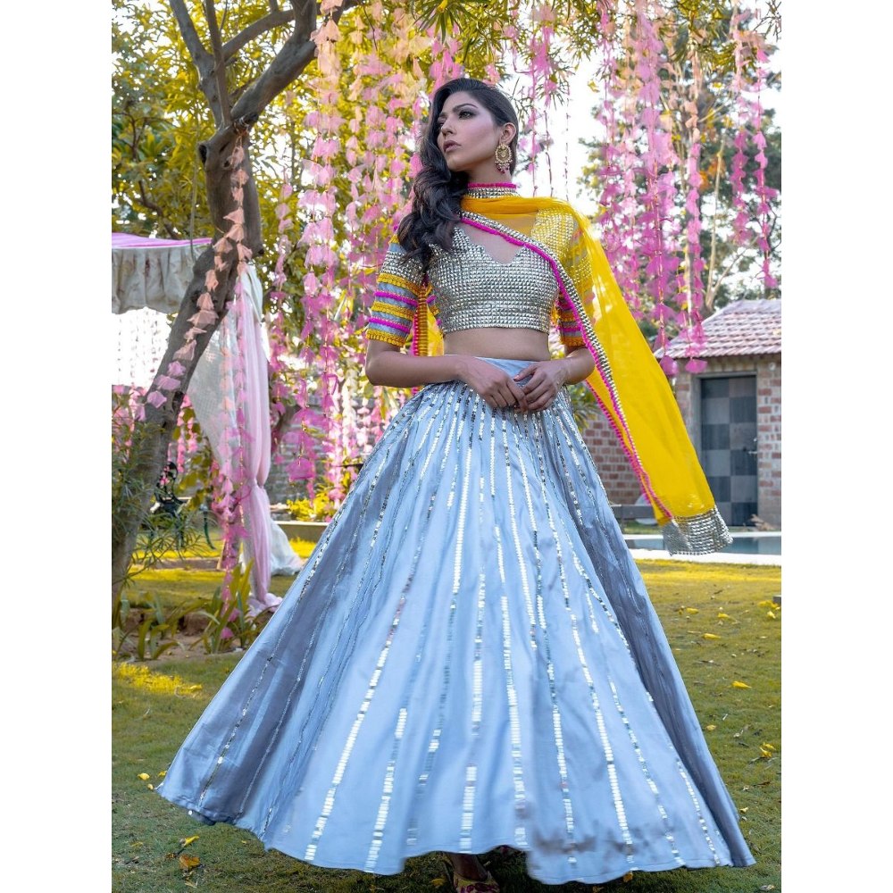 Rishi & Vibhuti Sliver Stitched Blouse Lehenga With Dupatta (Set of 3)