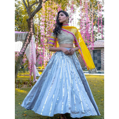 Rishi & Vibhuti Sliver Stitched Blouse Lehenga With Dupatta (Set of 3)