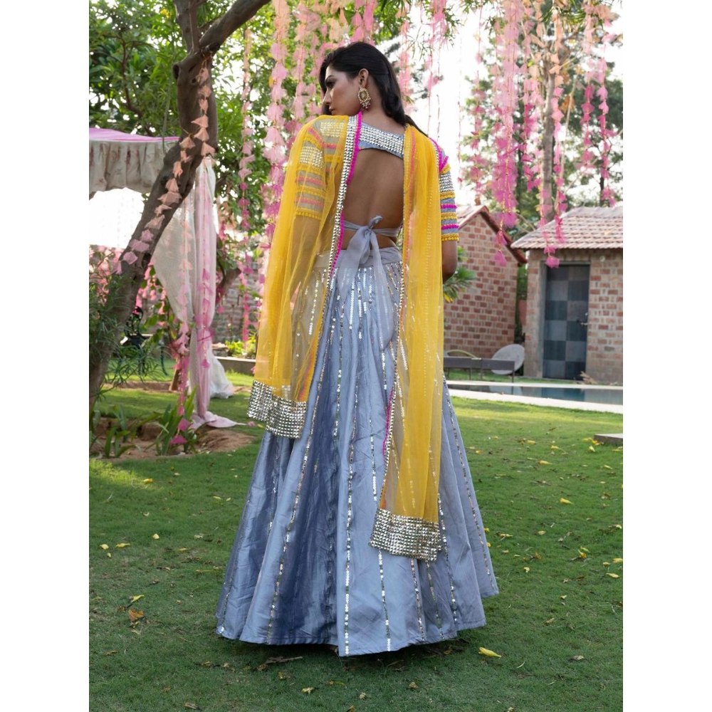 Rishi & Vibhuti Sliver Stitched Blouse Lehenga With Dupatta (Set of 3)