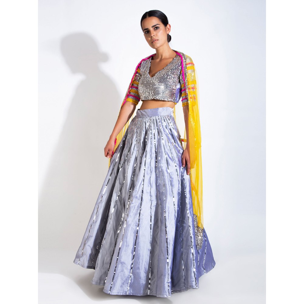 Rishi & Vibhuti Sliver Stitched Blouse Lehenga With Dupatta (Set of 3)