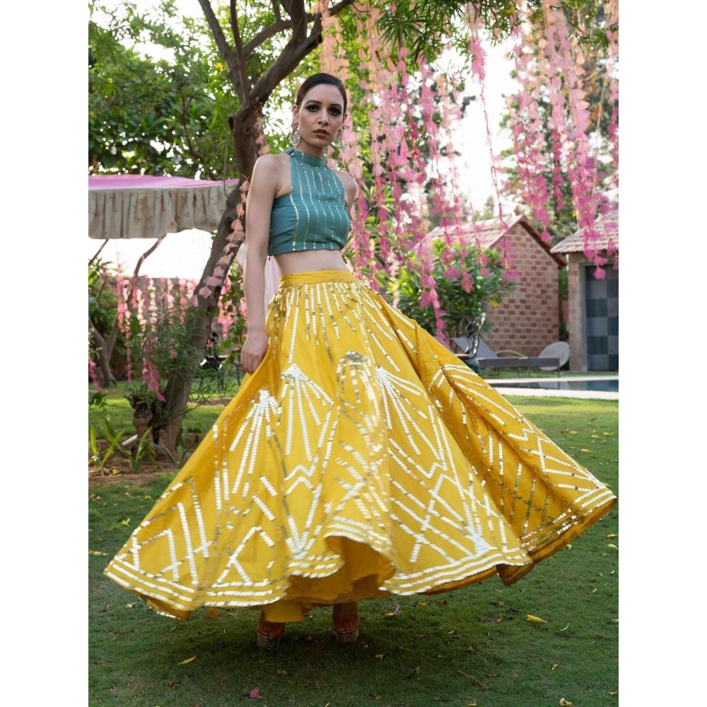 Rishi & Vibhuti Blue Stitched Blouse Embellished Lehenga (Set of 2)