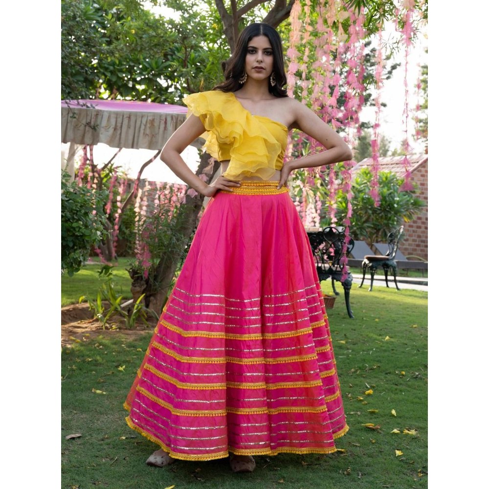 Rishi & Vibhuti Yellow Stitched Blouse with Lehenga (Set of 2)