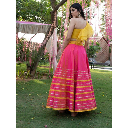 Rishi & Vibhuti Yellow Stitched Blouse with Lehenga (Set of 2)