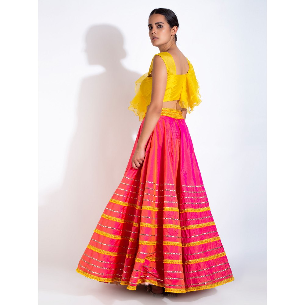 Rishi & Vibhuti Yellow Stitched Blouse with Lehenga (Set of 2)