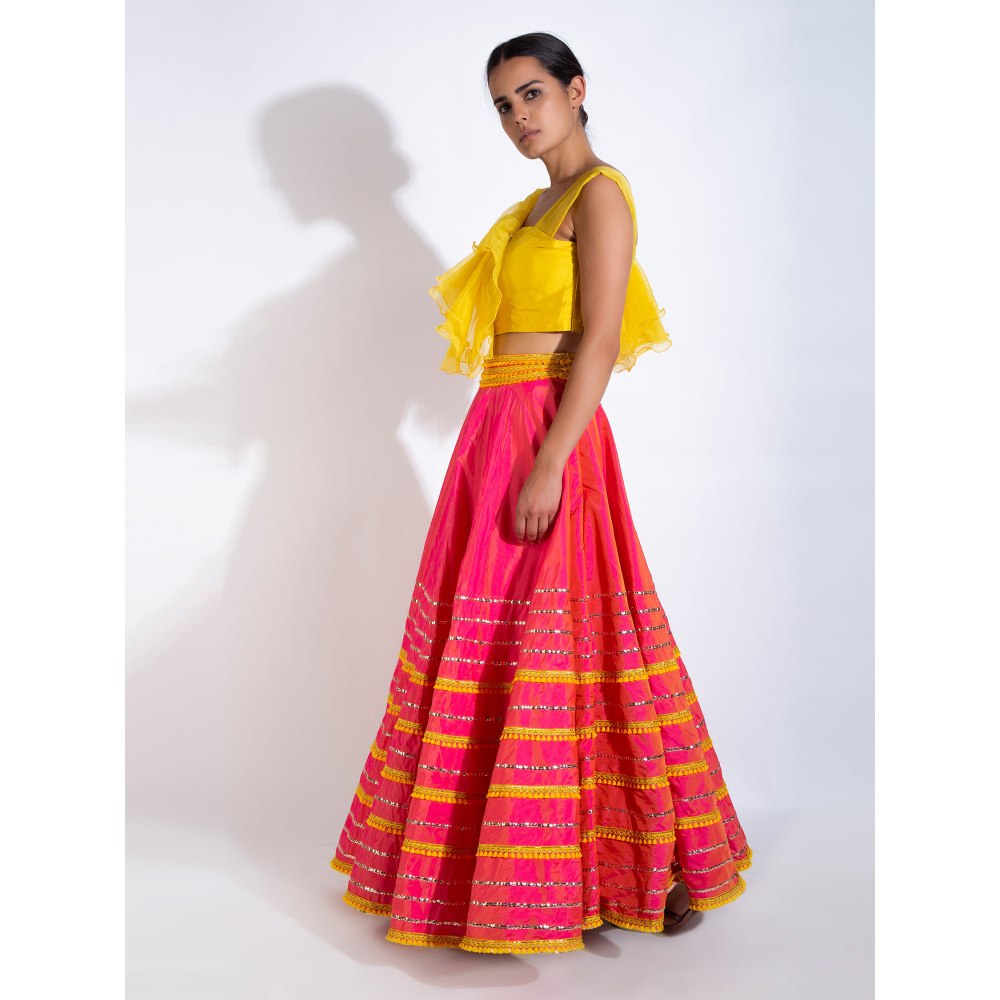Rishi & Vibhuti Yellow Stitched Blouse with Lehenga (Set of 2)