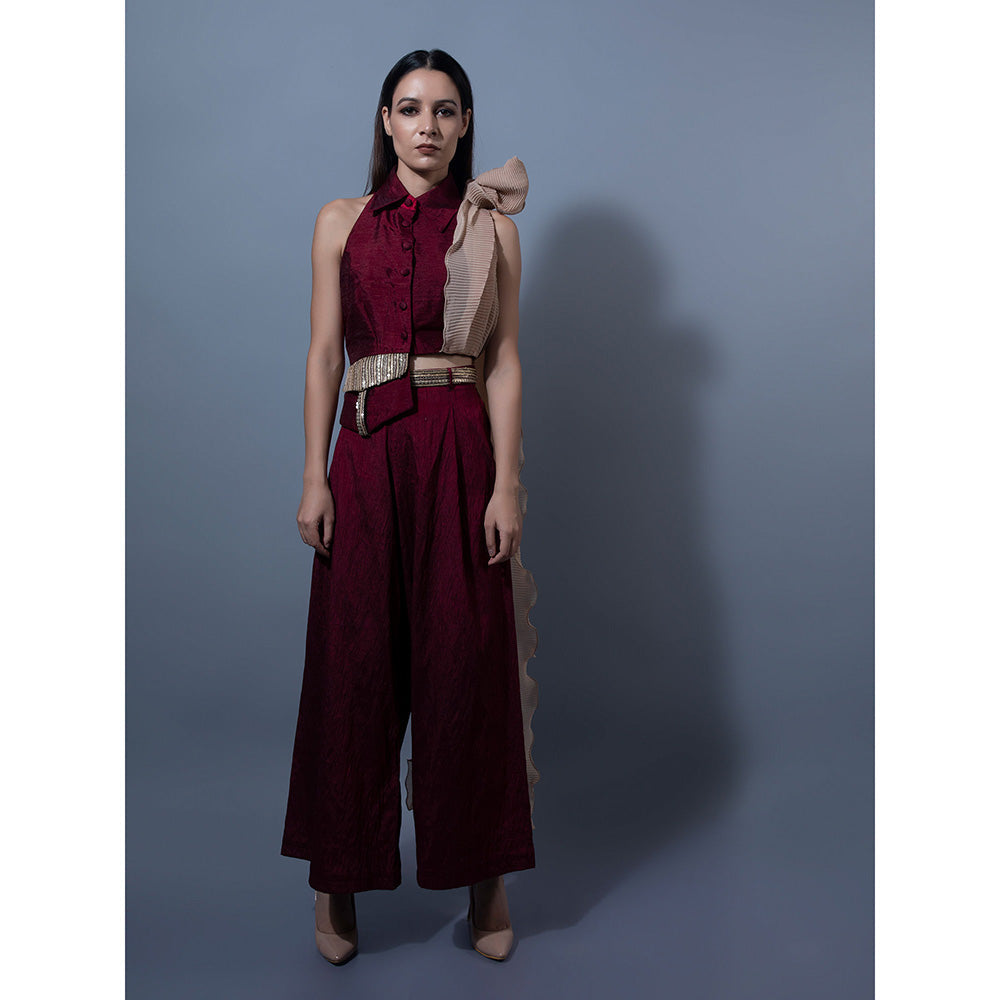 Rishi & Vibhuti Maroon Pant With Crop Top (Set of 2)