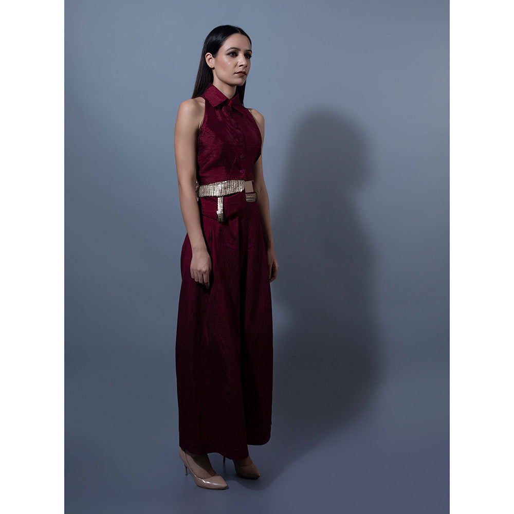 Rishi & Vibhuti Maroon Pant With Crop Top (Set of 2)