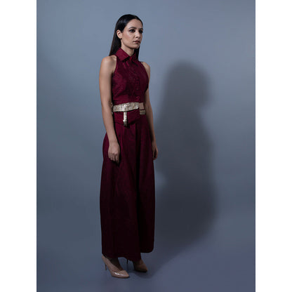 Rishi & Vibhuti Maroon Pant With Crop Top (Set of 2)