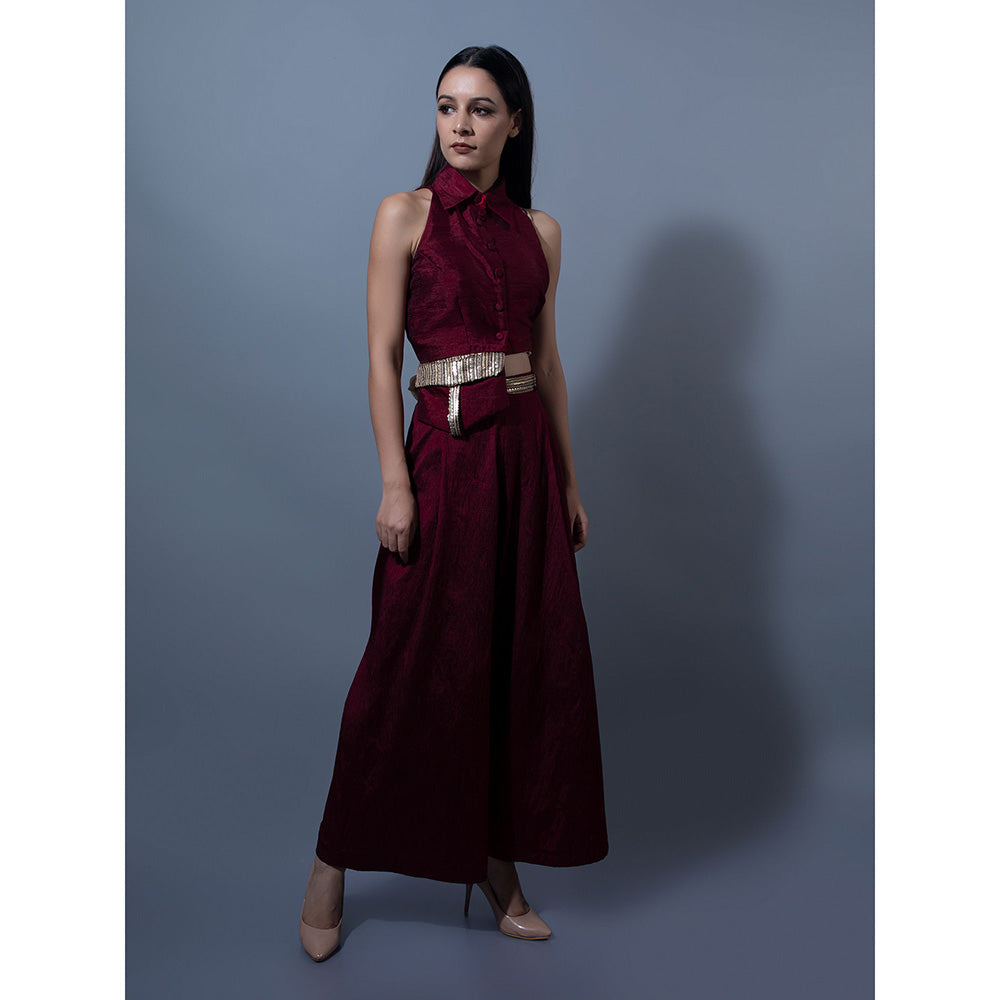Rishi & Vibhuti Maroon Pant With Crop Top (Set of 2)