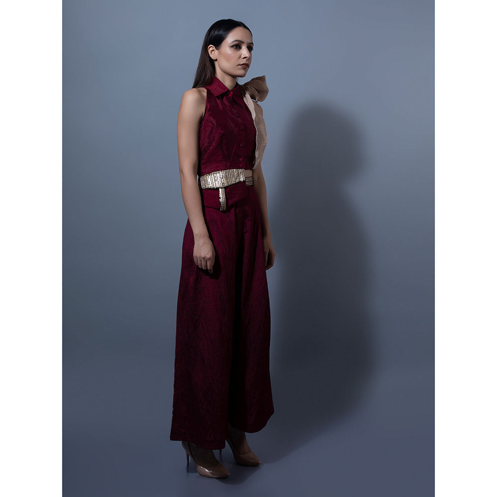 Rishi & Vibhuti Maroon Pant With Crop Top (Set of 2)