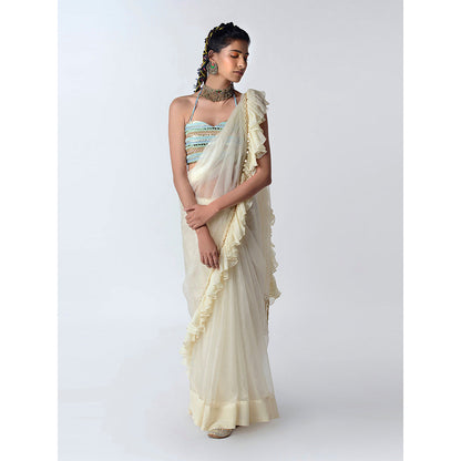 Rishi & Vibhuti Cream Shell Mystique Sarees With Stitched Blouse (Set of 2)