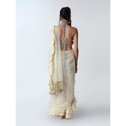 Rishi & Vibhuti Cream Shell Mystique Sarees With Stitched Blouse (Set of 2)