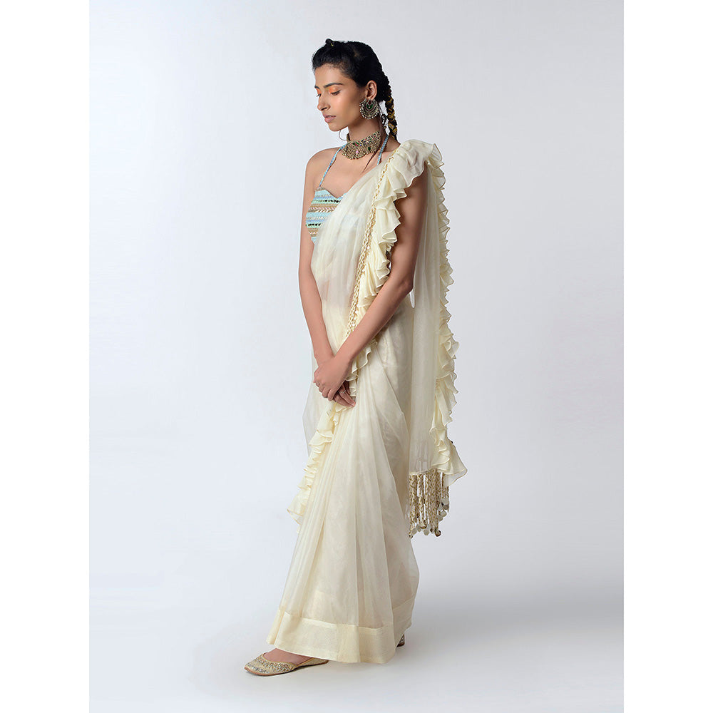 Rishi & Vibhuti Cream Shell Mystique Sarees With Stitched Blouse (Set of 2)