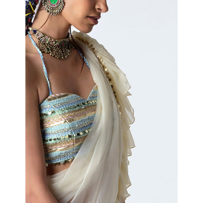 Rishi & Vibhuti Cream Shell Mystique Sarees With Stitched Blouse (Set of 2)