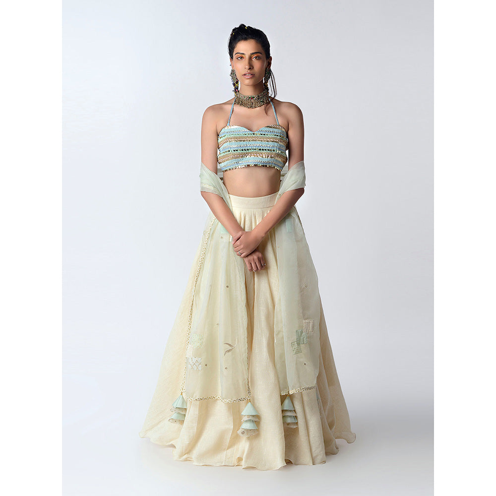 Rishi & Vibhuti Cream Shell Mystique Sarees With Stitched Blouse (Set of 2)