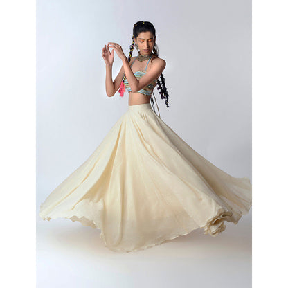 Rishi & Vibhuti Cream Shell Mystique Sarees With Stitched Blouse (Set of 2)