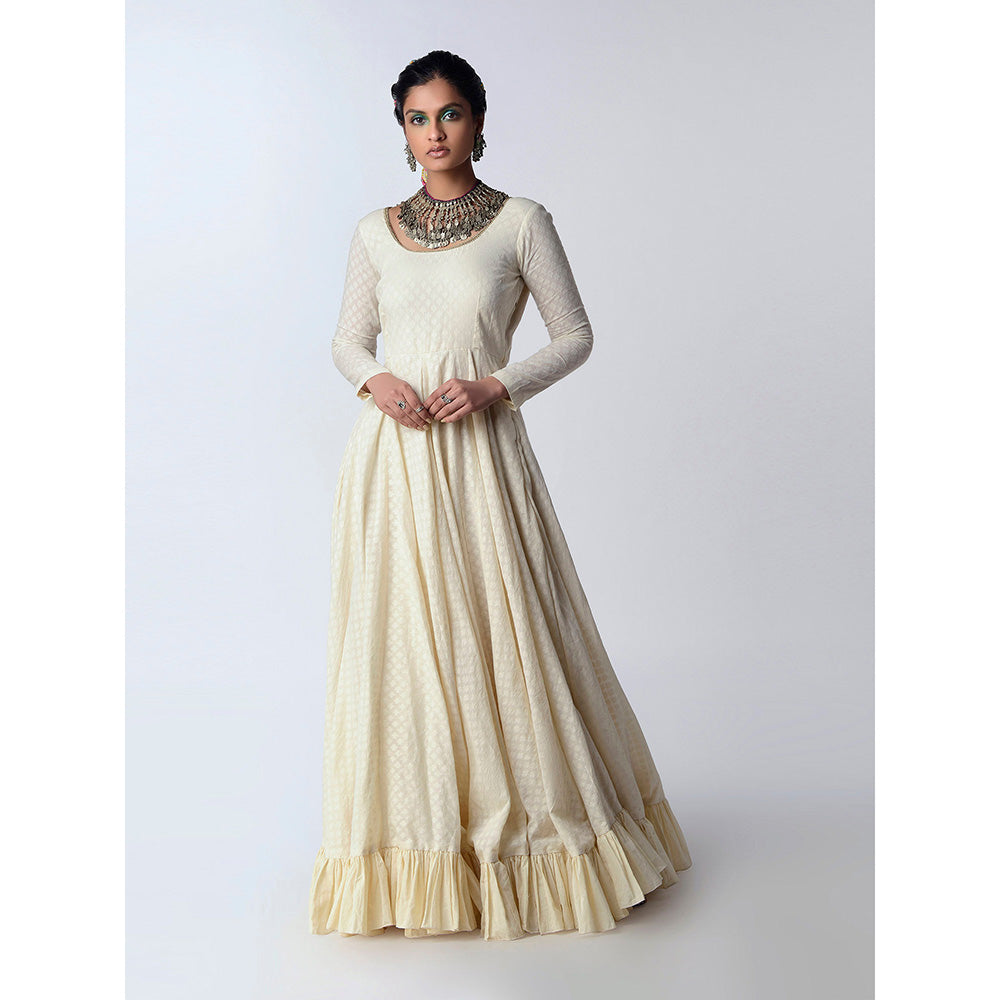 Rishi & Vibhuti Ivory A-Sha Anarkali 2.0 Ethnic Maxi Dress With Dupatta (Set of 2)