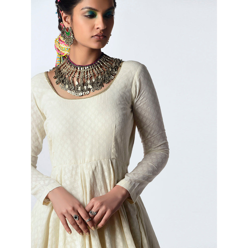 Rishi & Vibhuti Ivory A-Sha Anarkali 2.0 Ethnic Maxi Dress With Dupatta (Set of 2)