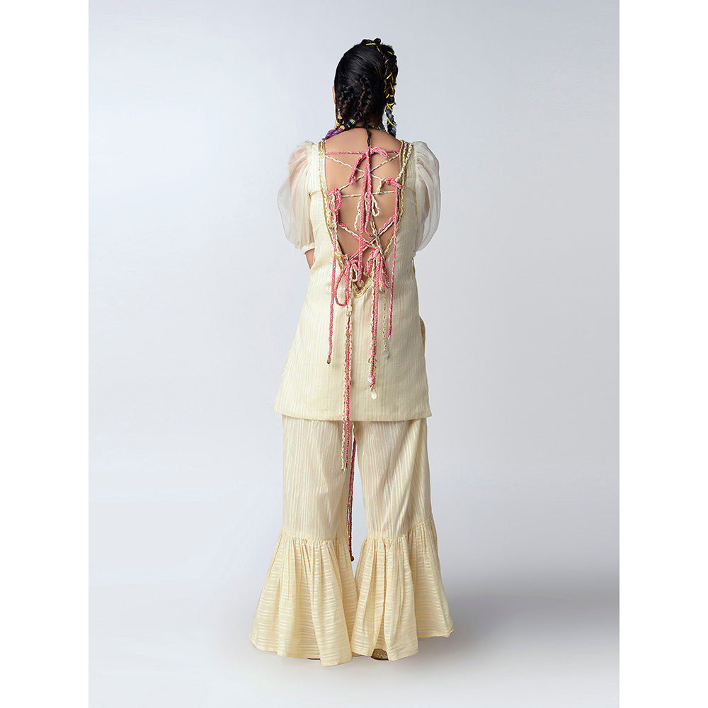 Rishi & Vibhuti Ivory Orchids Back Kurta With Flared Pant (Set of 2)