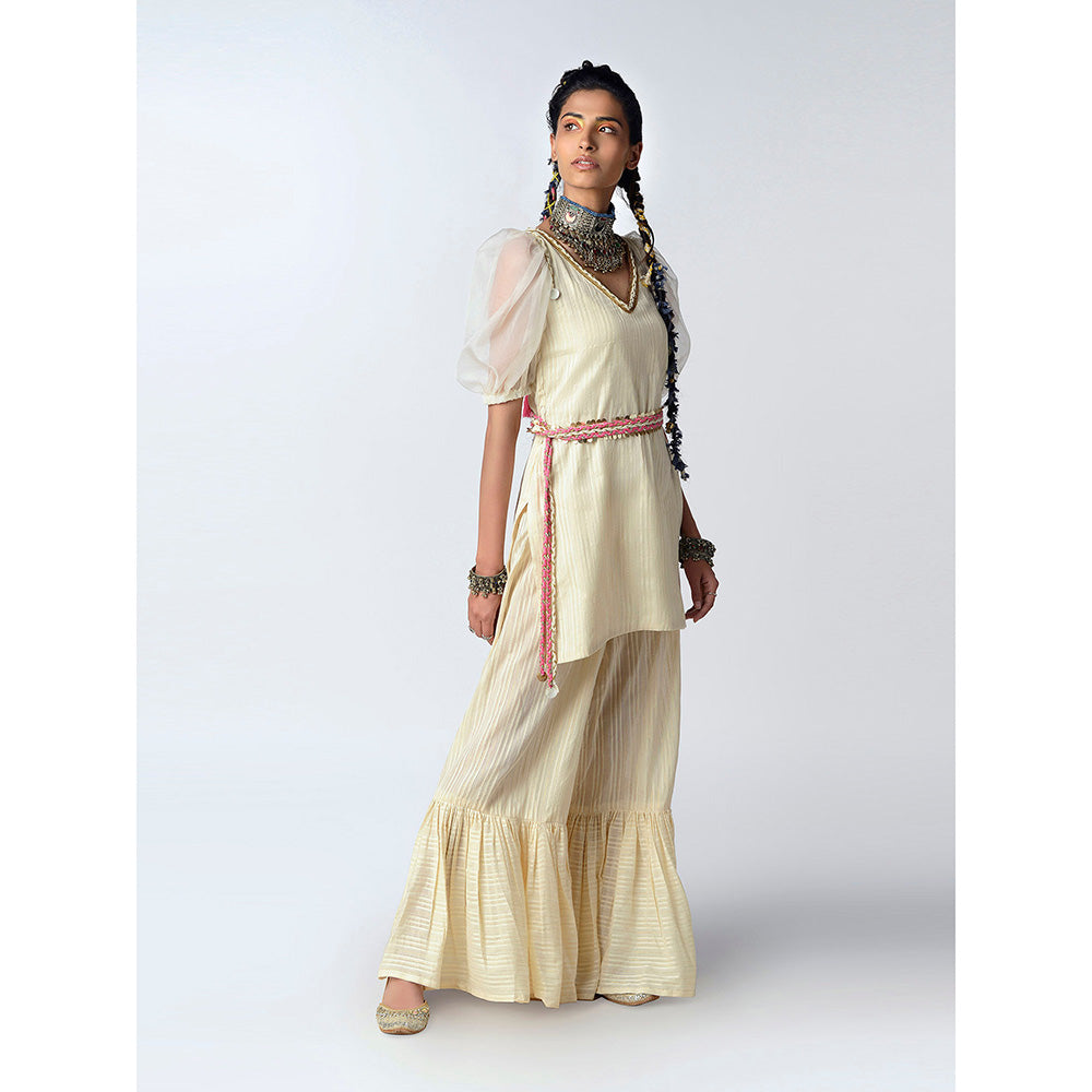 Rishi & Vibhuti Ivory Orchids Back Kurta With Flared Pant (Set of 2)