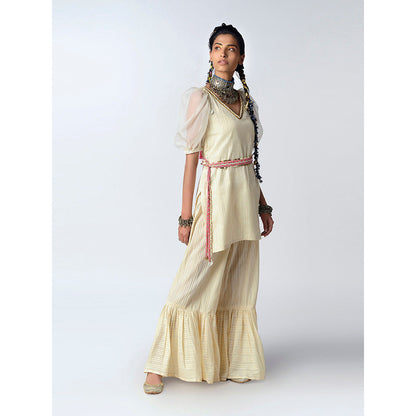 Rishi & Vibhuti Ivory Orchids Back Kurta With Flared Pant (Set of 2)