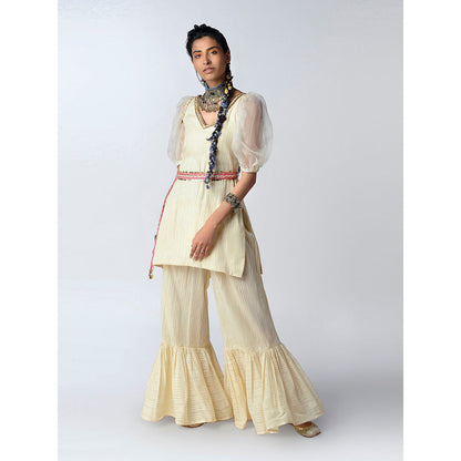 Rishi & Vibhuti Ivory Orchids Back Kurta With Flared Pant (Set of 2)