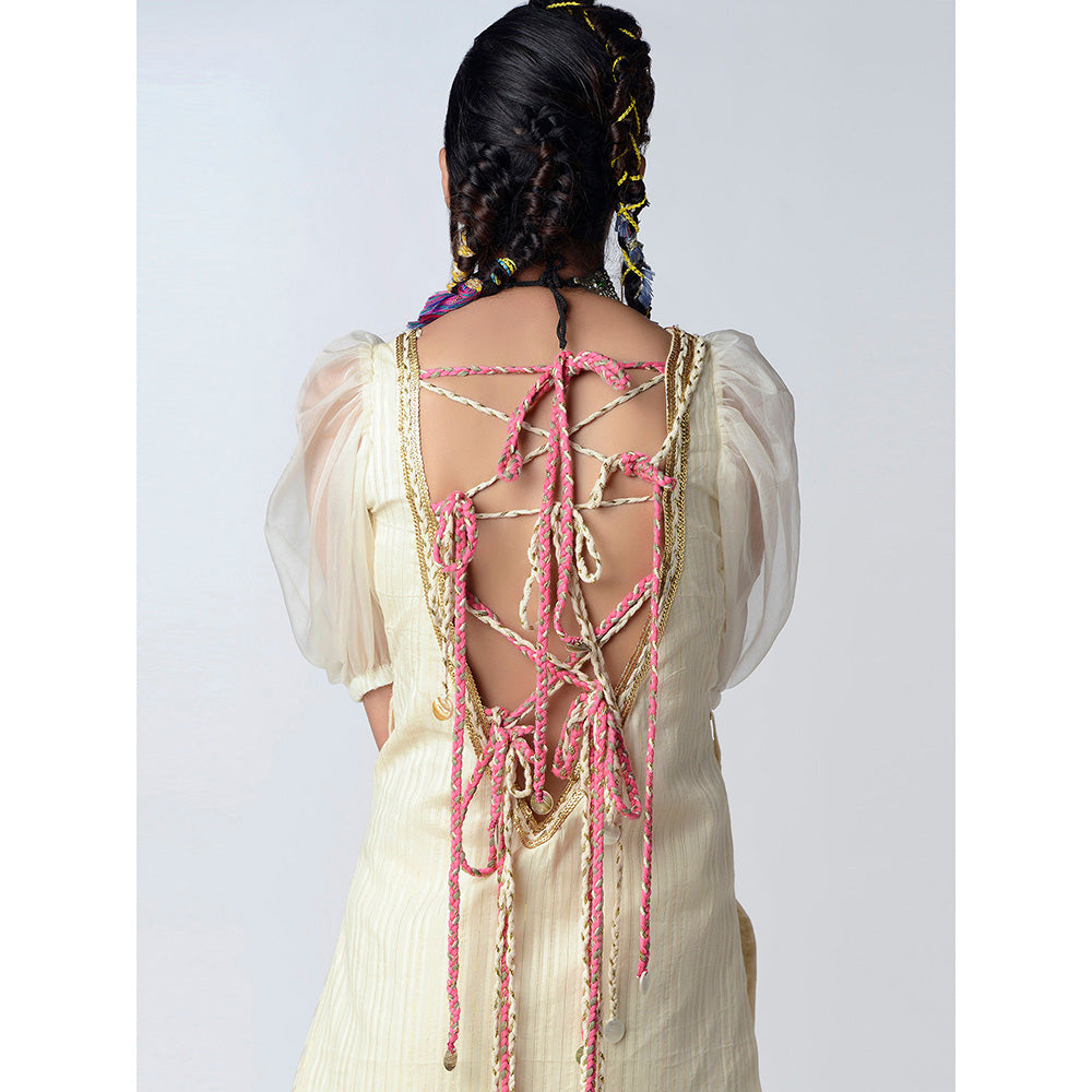 Rishi & Vibhuti Ivory Orchids Back Kurta With Flared Pant (Set of 2)