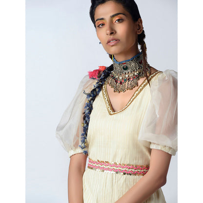 Rishi & Vibhuti Ivory Orchids Back Kurta With Flared Pant (Set of 2)