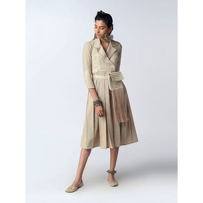 Rishi & Vibhuti Beige Tea Midi Dress With Belt & Bag