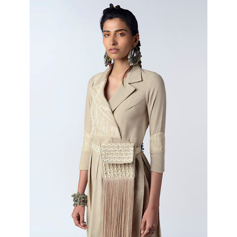 Rishi & Vibhuti Beige Tea Midi Dress With Belt & Bag