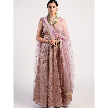 Rishi & Vibhuti Shady Lilac Embellished Lehenga With Blouse & Dupatta (Set of 3)