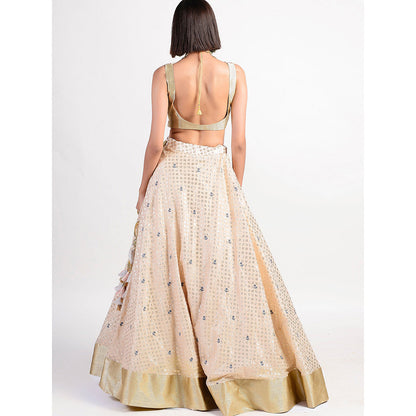 Rishi & Vibhuti Antique Rose Ivory Embroidered Lehenga With Blouse (Set of 2)