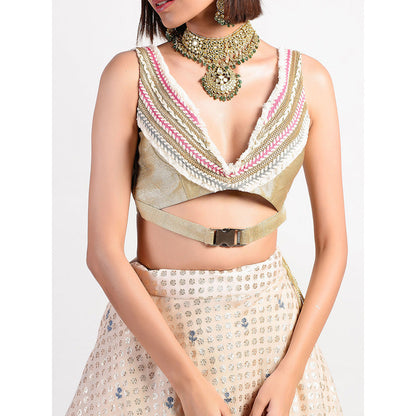 Rishi & Vibhuti Antique Rose Ivory Embroidered Lehenga With Blouse (Set of 2)