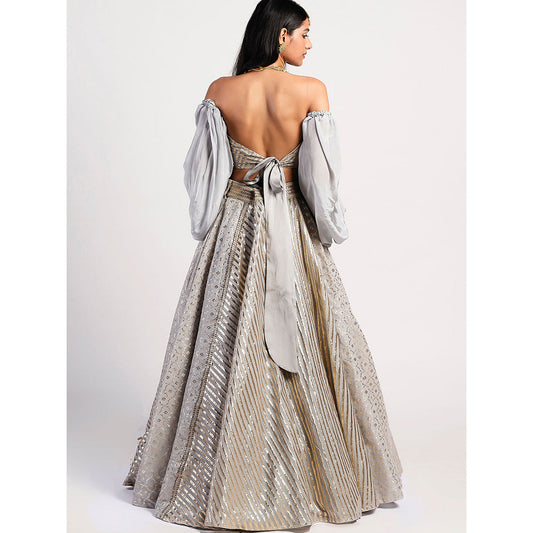 Rishi & Vibhuti Silver Drop Embellished Lehenga With Blouse (Set of 2)
