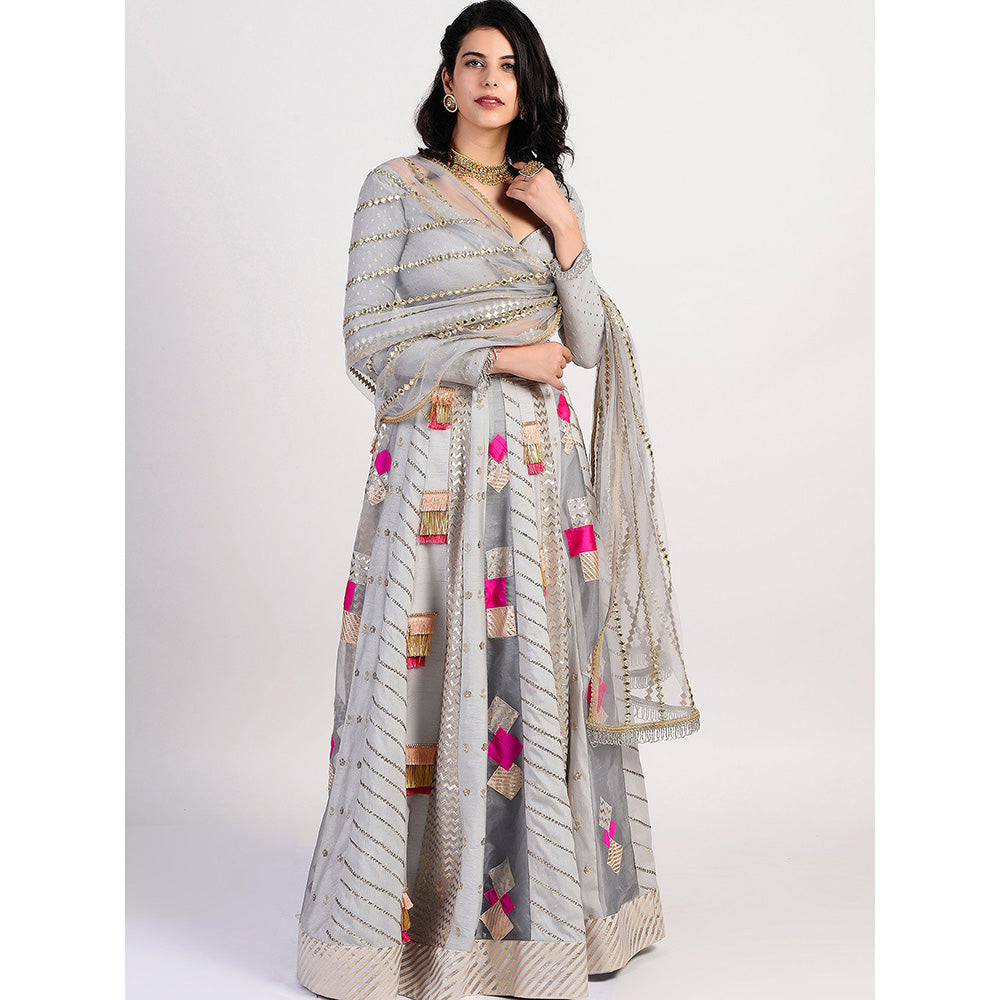 Rishi & Vibhuti The Multi Panel Grey Embellished Lehenga With Blouse & Dupatta (Set of 3)
