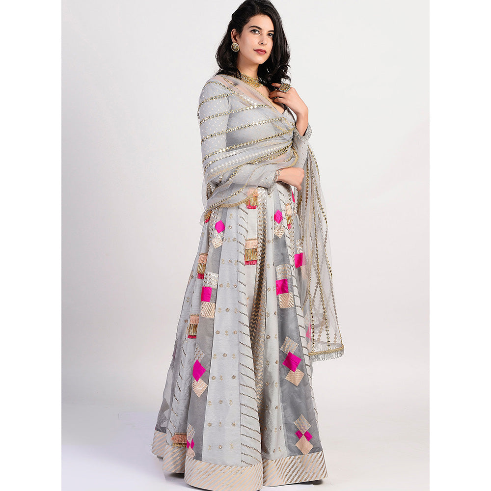 Rishi & Vibhuti The Multi Panel Grey Embellished Lehenga With Blouse & Dupatta (Set of 3)