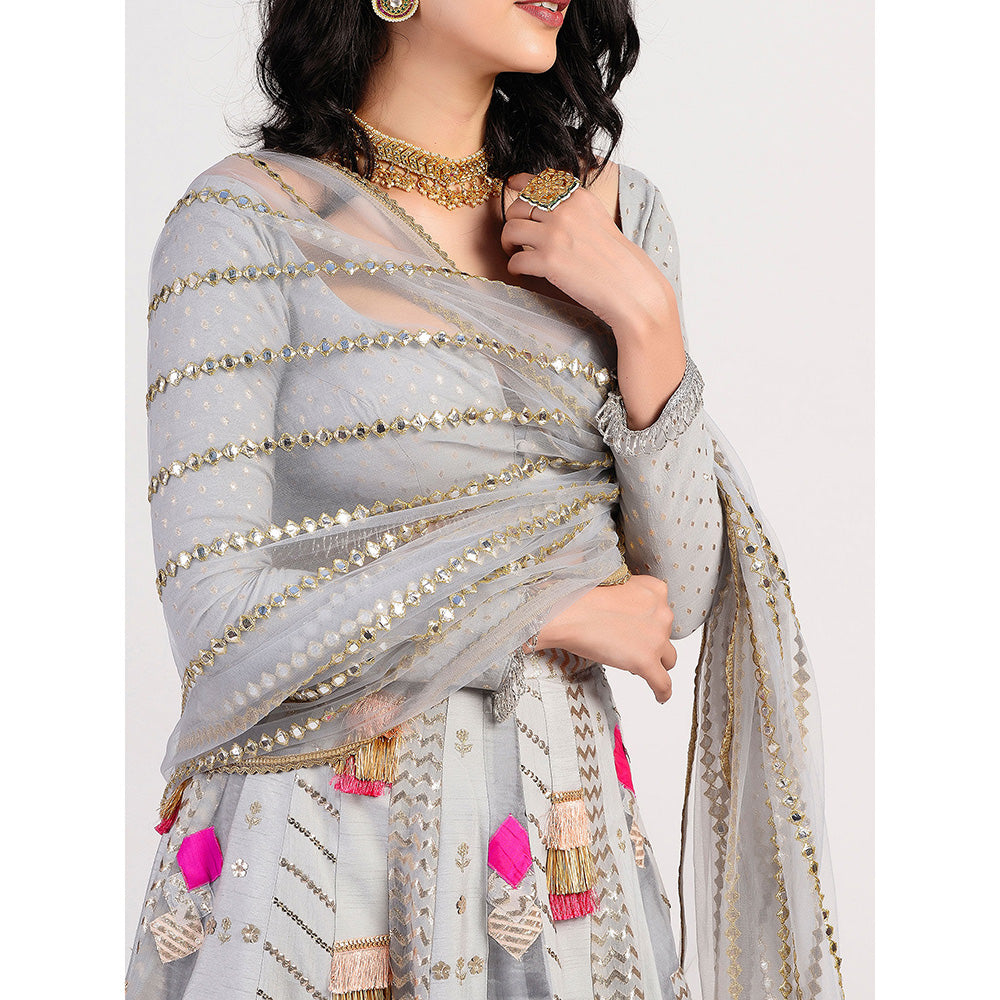 Rishi & Vibhuti The Multi Panel Grey Embellished Lehenga With Blouse & Dupatta (Set of 3)