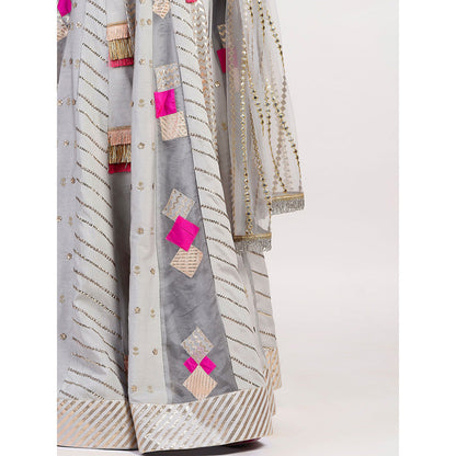 Rishi & Vibhuti The Multi Panel Grey Embellished Lehenga With Blouse & Dupatta (Set of 3)