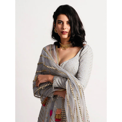 Rishi & Vibhuti The Multi Panel Grey Embellished Lehenga With Blouse & Dupatta (Set of 3)