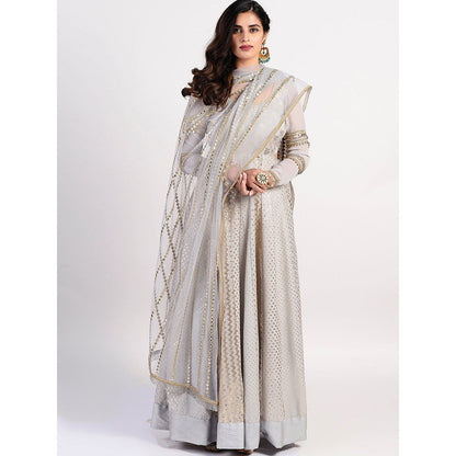 Rishi & Vibhuti Silver Seashell Embellished Dress With Dupatta (Set of 2)