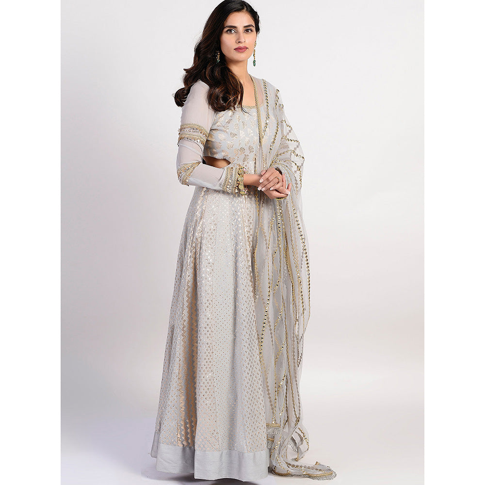 Rishi & Vibhuti Silver Seashell Embellished Dress With Dupatta (Set of 2)
