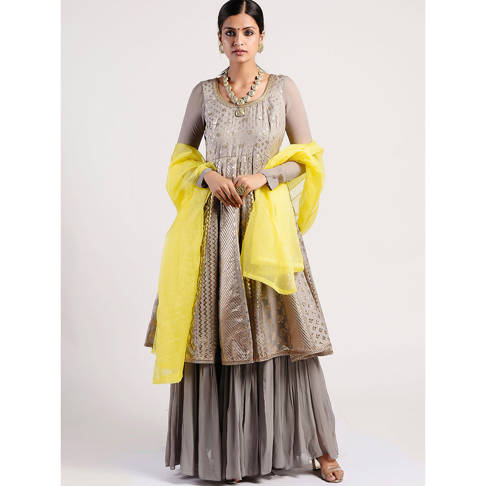 Rishi & Vibhuti Grey Chanderi Embellished Dress With Dupatta (Set of 2)